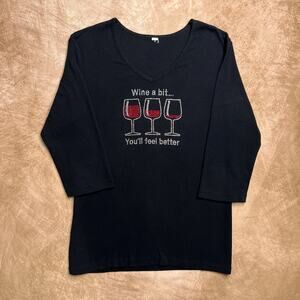 Wine A Bit You'll Feel Better 3/4 Sleeve Rhinestone T-Shirt Black McBling Indie
